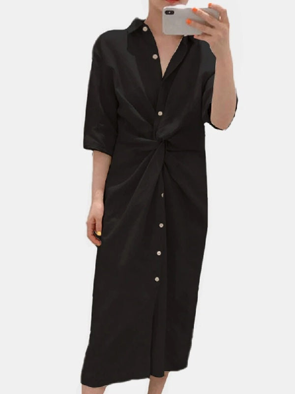 Solid Color Long Sleeve Button Knot Plain Shirt Long Maxi Dress