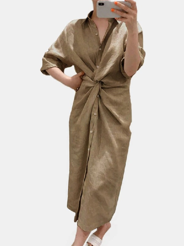 Solid Color Long Sleeve Button Knot Plain Shirt Long Maxi Dress