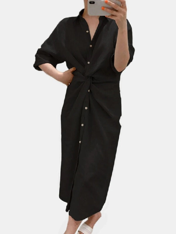 Solid Color Long Sleeve Button Knot Plain Shirt Long Maxi Dress
