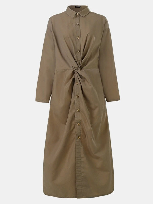 Solid Color Long Sleeve Button Knot Plain Shirt Long Maxi Dress