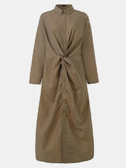 Solid Color Long Sleeve Button Knot Plain Shirt Long Maxi Dress
