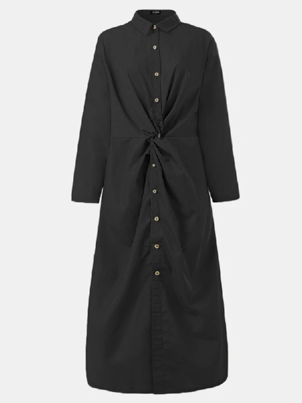 Solid Color Long Sleeve Button Knot Plain Shirt Long Maxi Dress
