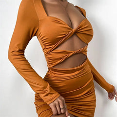 Solid Color Long Sleeve Cut Out Short Dress