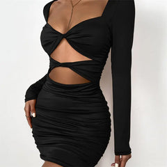 Solid Color Long Sleeve Cut Out Short Dress