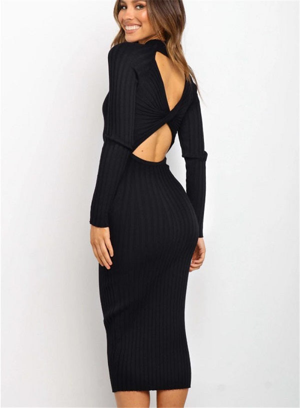 Solid Color Long Sleeve Rib Knit Bodycon Dress