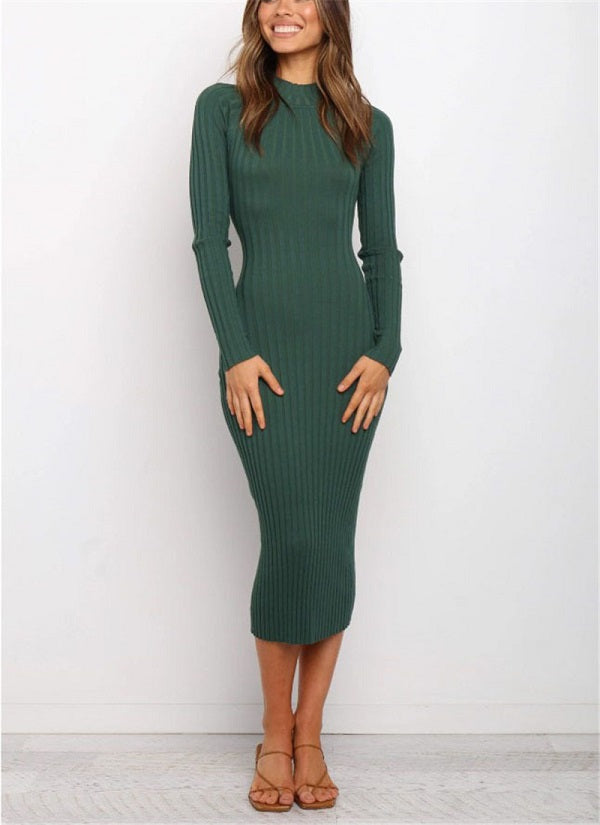 Solid Color Long Sleeve Rib Knit Bodycon Dress