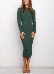 Solid Color Long Sleeve Rib Knit Bodycon Dress