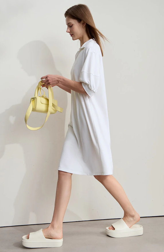 Solid Color Loose Lantern Sleeve V Neck Knit Stretch Comfort Minimalism Casual Dress