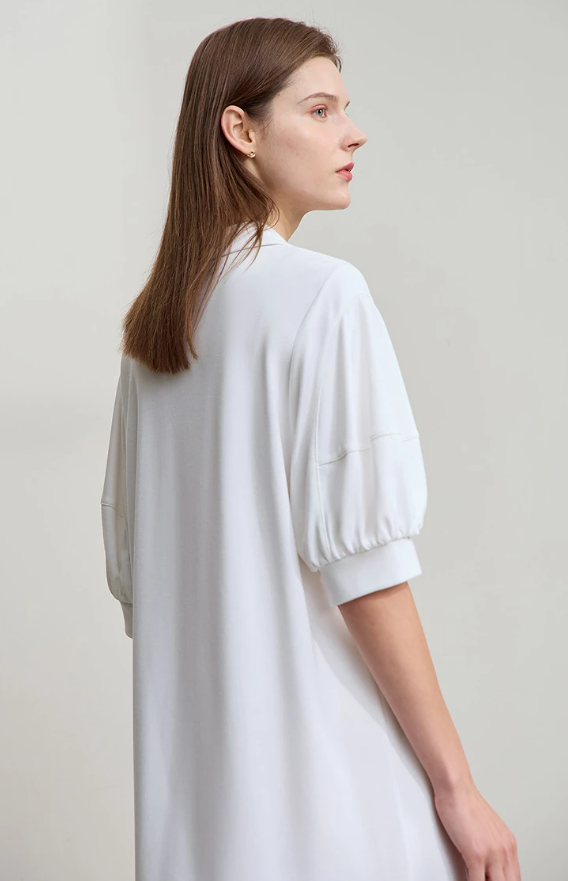 Solid Color Loose Lantern Sleeve V Neck Knit Stretch Comfort Minimalism Casual Dress