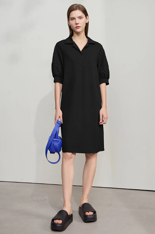 Solid Color Loose Lantern Sleeve V Neck Knit Stretch Comfort Minimalism Casual Dress