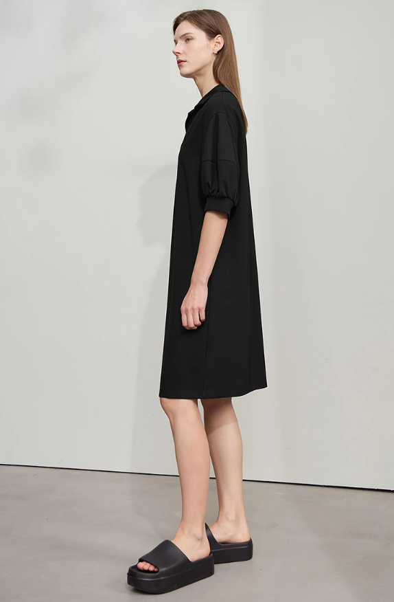 Solid Color Loose Lantern Sleeve V Neck Knit Stretch Comfort Minimalism Casual Dress
