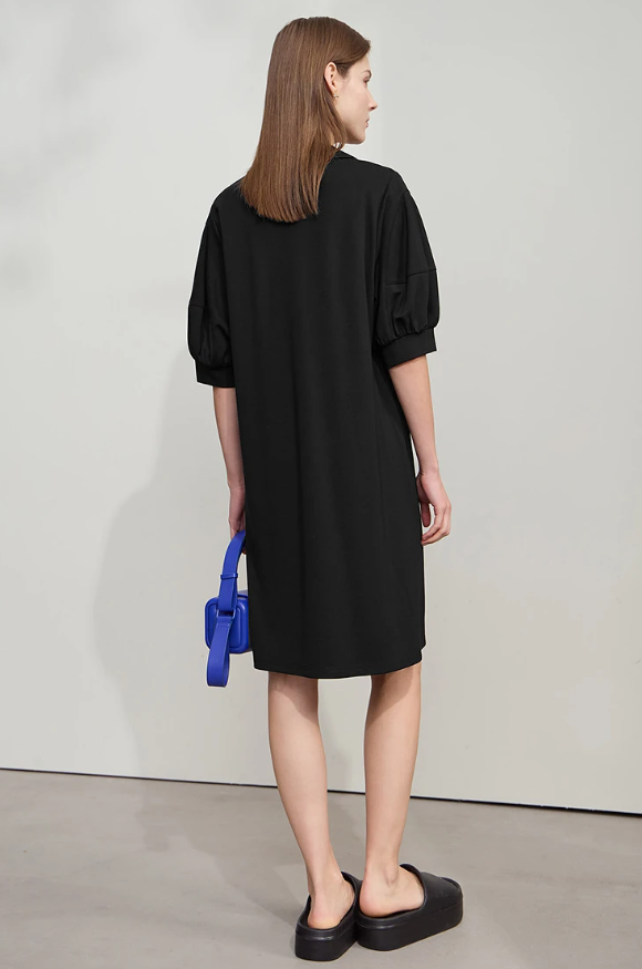 Solid Color Loose Lantern Sleeve V Neck Knit Stretch Comfort Minimalism Casual Dress