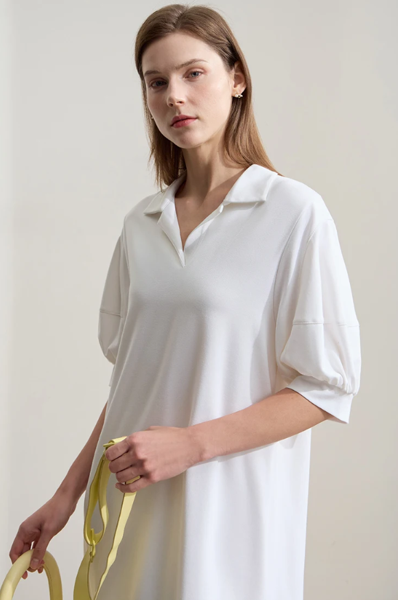 Solid Color Loose Lantern Sleeve V Neck Knit Stretch Comfort Minimalism Casual Dress