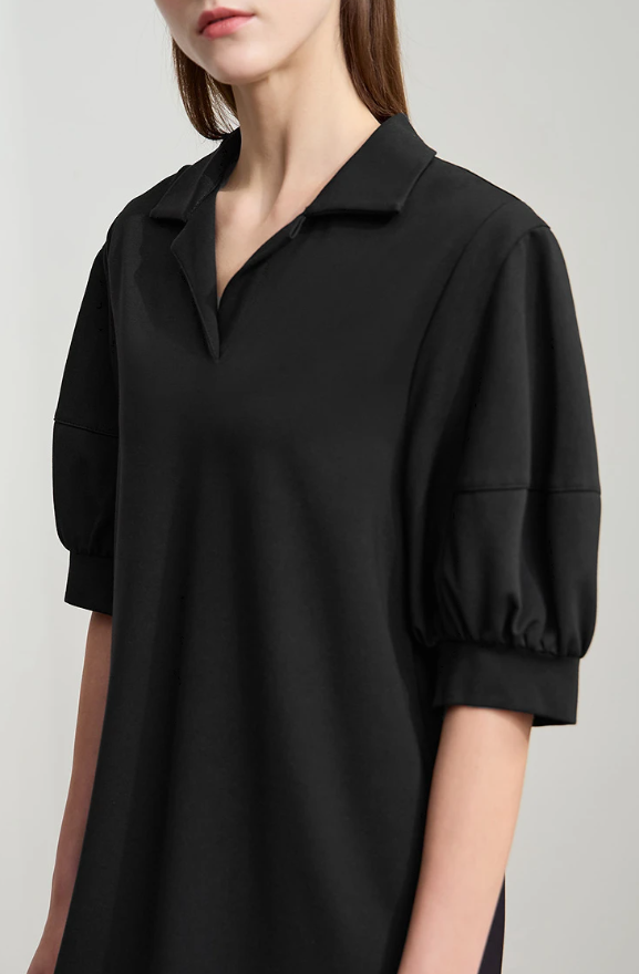 Solid Color Loose Lantern Sleeve V Neck Knit Stretch Comfort Minimalism Casual Dress