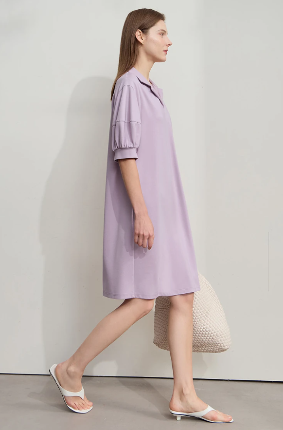 Solid Color Loose Lantern Sleeve V Neck Knit Stretch Comfort Minimalism Casual Dress