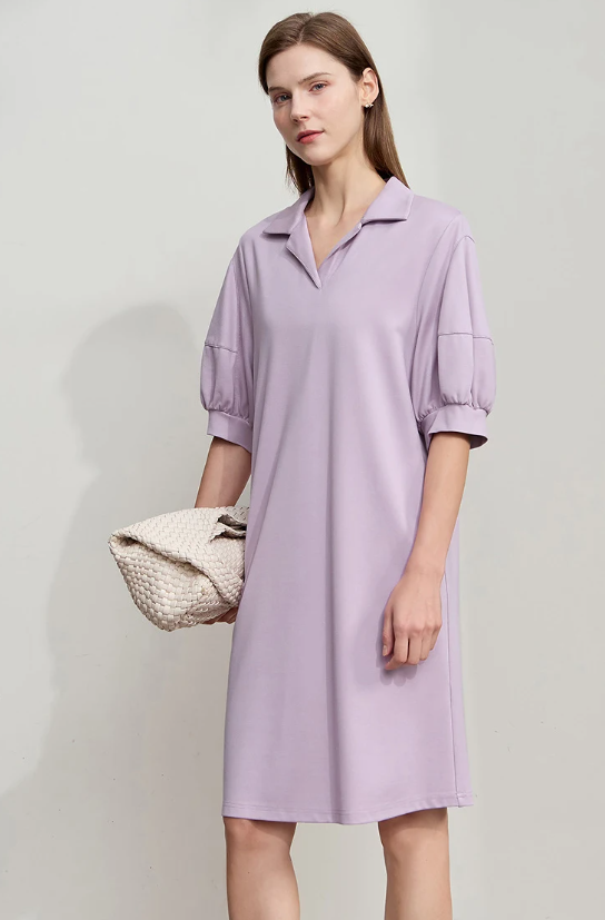 Solid Color Loose Lantern Sleeve V Neck Knit Stretch Comfort Minimalism Casual Dress