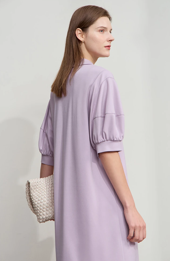 Solid Color Loose Lantern Sleeve V Neck Knit Stretch Comfort Minimalism Casual Dress