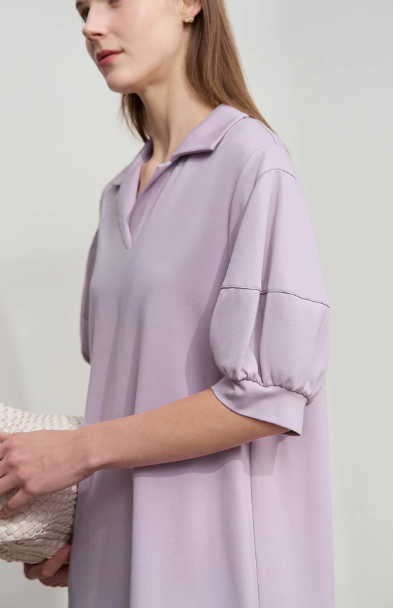 Solid Color Loose Lantern Sleeve V Neck Knit Stretch Comfort Minimalism Casual Dress