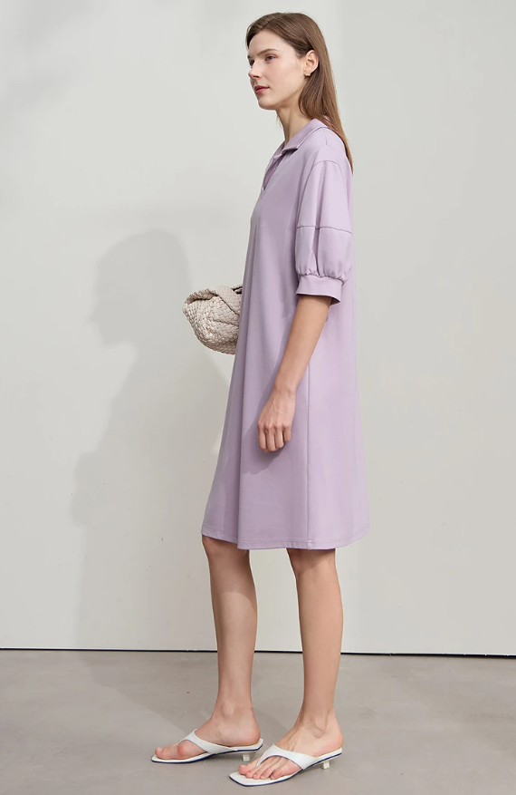 Solid Color Loose Lantern Sleeve V Neck Knit Stretch Comfort Minimalism Casual Dress