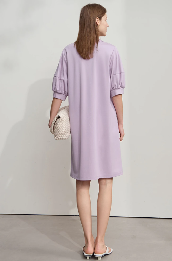 Solid Color Loose Lantern Sleeve V Neck Knit Stretch Comfort Minimalism Casual Dress