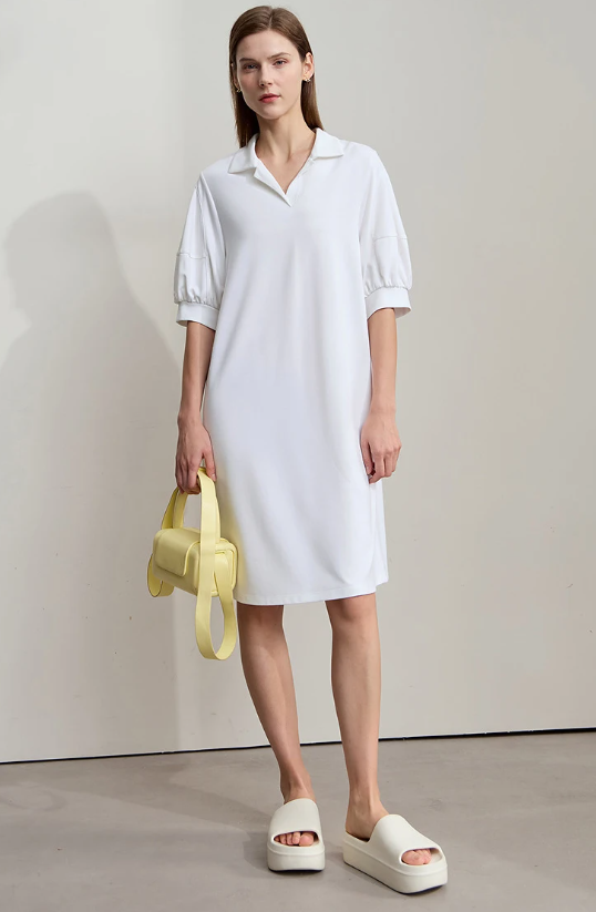 Solid Color Loose Lantern Sleeve V Neck Knit Stretch Comfort Minimalism Casual Dress