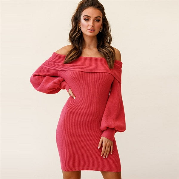Solid Color Off-the-shoulder Knit Dress