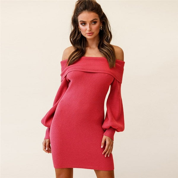 Solid Color Off-the-shoulder Knit Dress