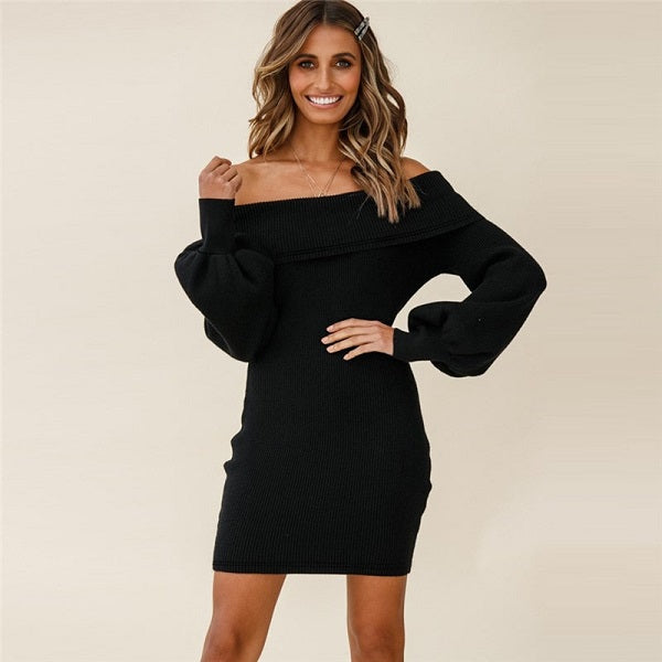 Solid Color Off-the-shoulder Knit Dress