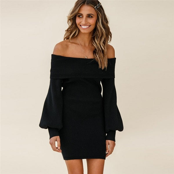 Solid Color Off-the-shoulder Knit Dress