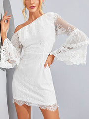 Solid Color One Shoulder Bell Long Sleeve Mini Lace Dress