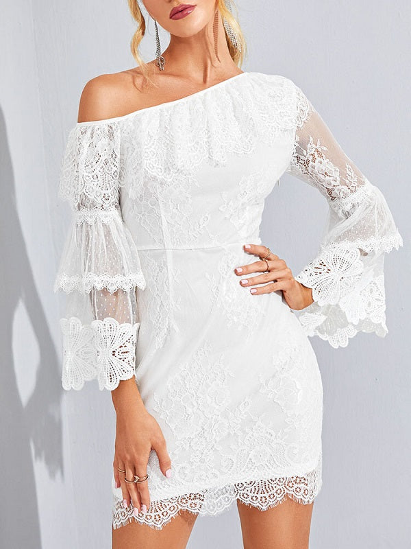 Solid Color One Shoulder Bell Long Sleeve Mini Lace Dress