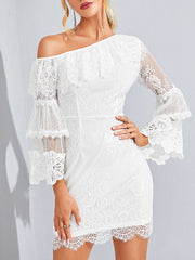 Solid Color One Shoulder Bell Long Sleeve Mini Lace Dress