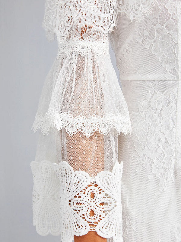 Solid Color One Shoulder Bell Long Sleeve Mini Lace Dress