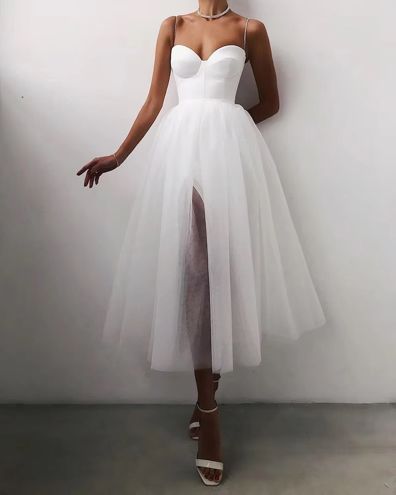 Solid Color Spaghetti Strapless Tulle Elegant Side Slit Mesh A-Line Vestidos