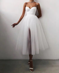 Solid Color Spaghetti Strapless Tulle Elegant Side Slit Mesh A-Line Vestidos