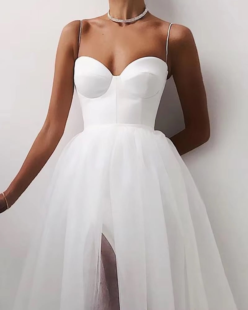 Solid Color Spaghetti Strapless Tulle Elegant Side Slit Mesh A-Line Vestidos