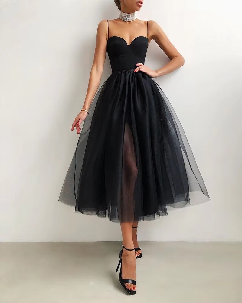 Solid Color Spaghetti Strapless Tulle Elegant Side Slit Mesh A-Line Vestidos