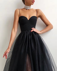 Solid Color Spaghetti Strapless Tulle Elegant Side Slit Mesh A-Line Vestidos