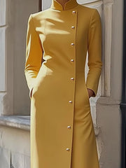 Elegant Solid Color Stand Collar Long Sleeves Single-breasted H-Line High Street Midi Dress