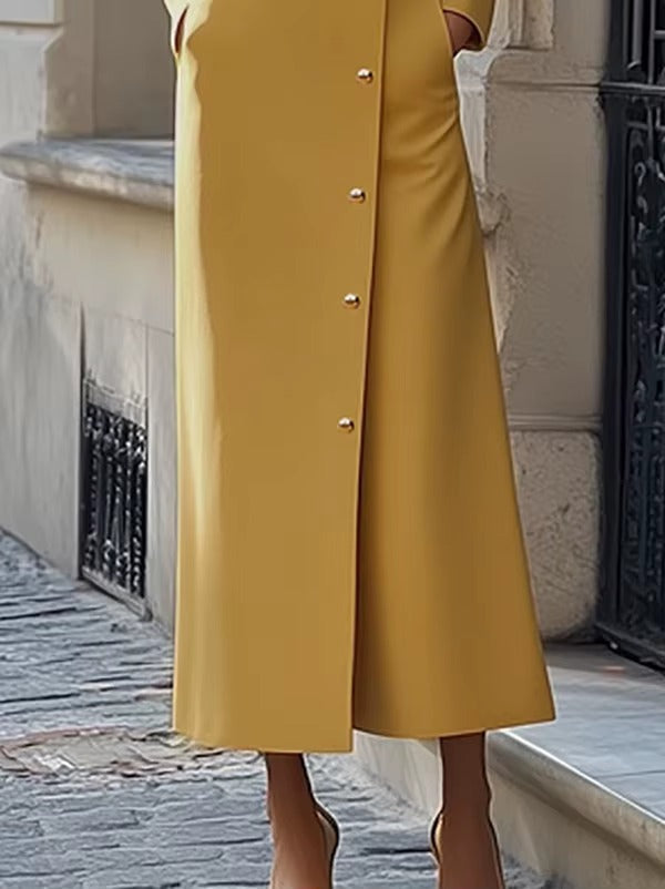 Elegant Solid Color Stand Collar Long Sleeves Single-breasted H-Line High Street Midi Dress