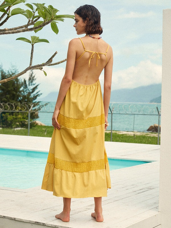 Solid Color Tie Front Open Back Spaghetti Strap Maxi Dress