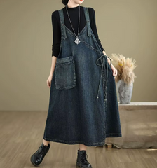 Solid Color V-neck Spaghetti Strap Spliced Large Pockets Loose Denim Dress