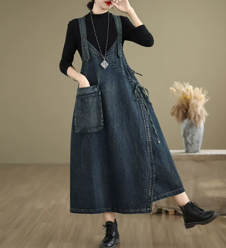 Solid Color V-neck Spaghetti Strap Spliced Large Pockets Loose Denim Dress