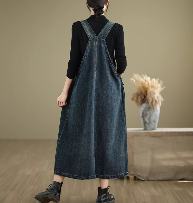Solid Color V-neck Spaghetti Strap Spliced Large Pockets Loose Denim Dress