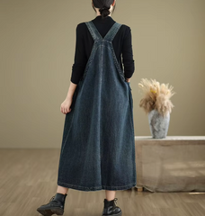 Solid Color V-neck Spaghetti Strap Spliced Large Pockets Loose Denim Dress