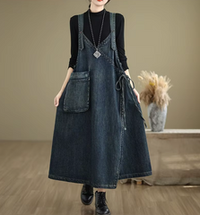 Solid Color V-neck Spaghetti Strap Spliced Large Pockets Loose Denim Dress