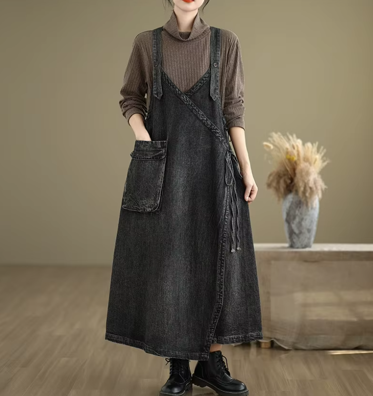 Solid Color V-neck Spaghetti Strap Spliced Large Pockets Loose Denim Dress