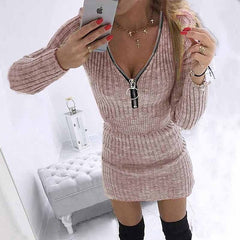 Solid Color Zipper Waist Long-sleeved Knitted Bodycon Dress