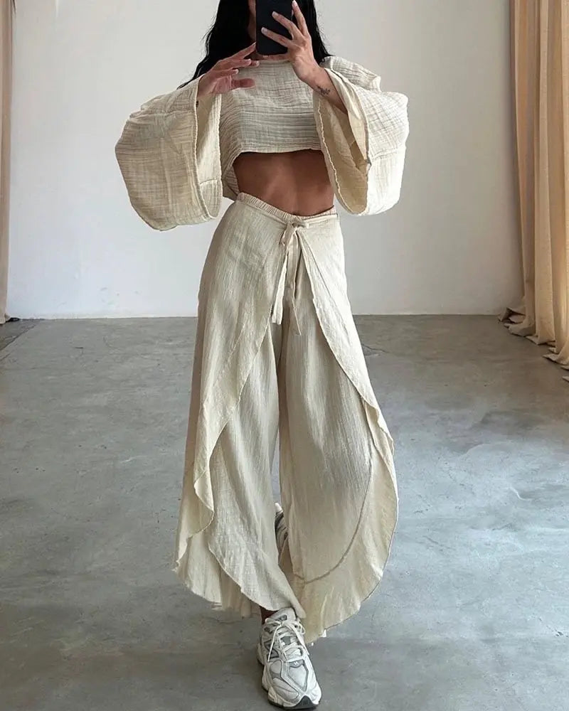 Solid Cotton O Neck Crop Top Lace-up Ruffle Flare Sleeve Hollow Pants Outfit Sets
