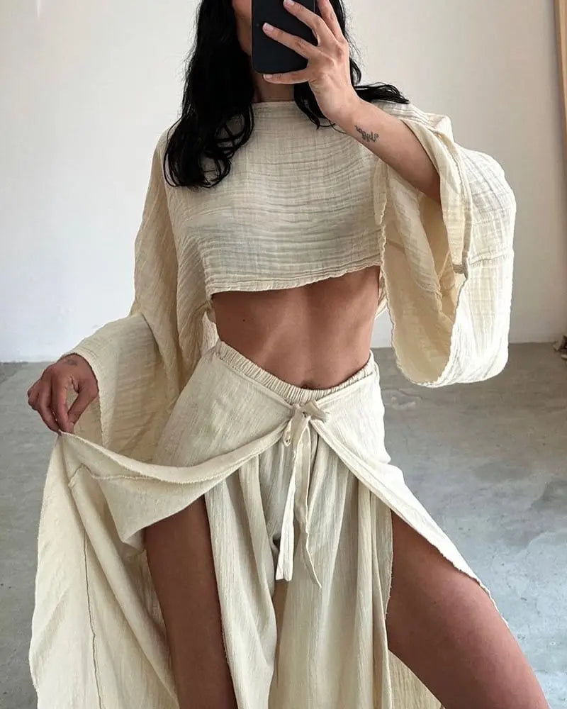 Solid Cotton O Neck Crop Top Lace-up Ruffle Flare Sleeve Hollow Pants Outfit Sets